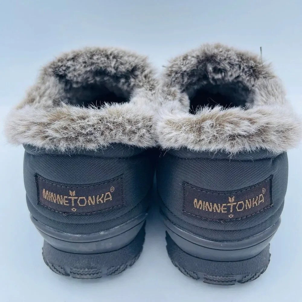 Minnetonka Black Quilted Clog Shoes Faux Fur Lined Outdoor Sole Women's 7